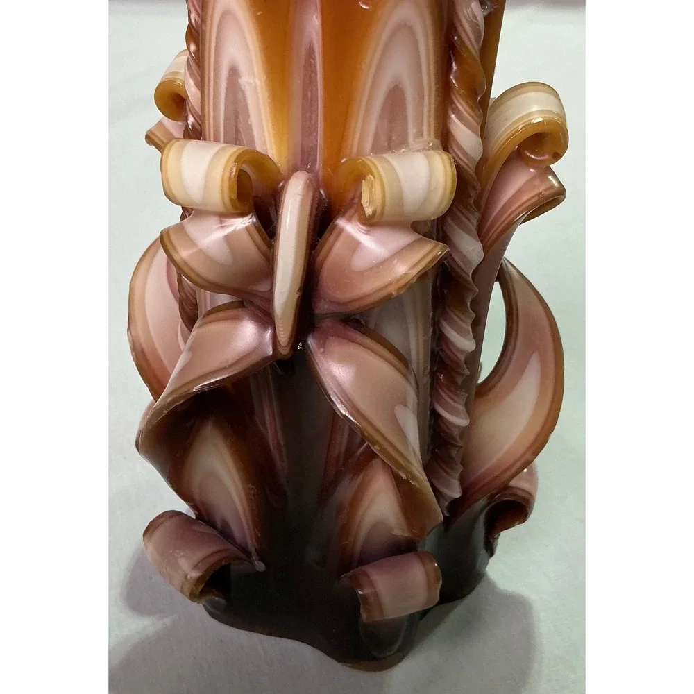Vintage Hand Carved Layered Pillar Candle Brown Pink Cream Floral Scroll